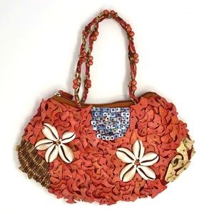 Vintage handmade 1980s shell, wood and bead handbag